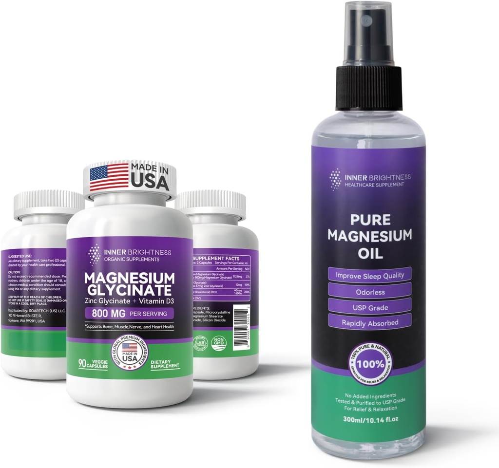 Suplemento de magnesio con zinc y vitamina D3 y aceite de magnesio para pies y sueño