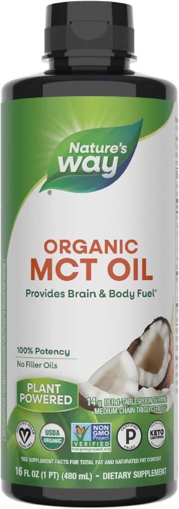 Manera de la naturaleza Óleo MCT orgánico, 16 Fl Oz, Cerebro y Combustible Corporal de Cocos*, C8 Ácido caprílico y C10 Ácido Capric, Keto y Paleo Certificado, Orgánico, No OGM Proyecto Verificado
