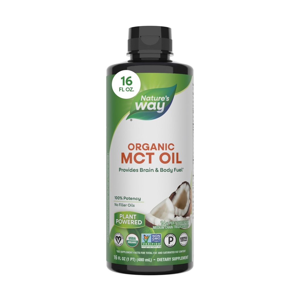 Nature's Way Organic MCT Oil, Brain and Body Fuel*, Liquid Coconut MCT Oil with C8 Caprylic & C10 Capric Acids, 14 g Medium Chain Triglycerides per Serving, Keto & Paleo Certified, Non-GMO, 16 Fl Oz