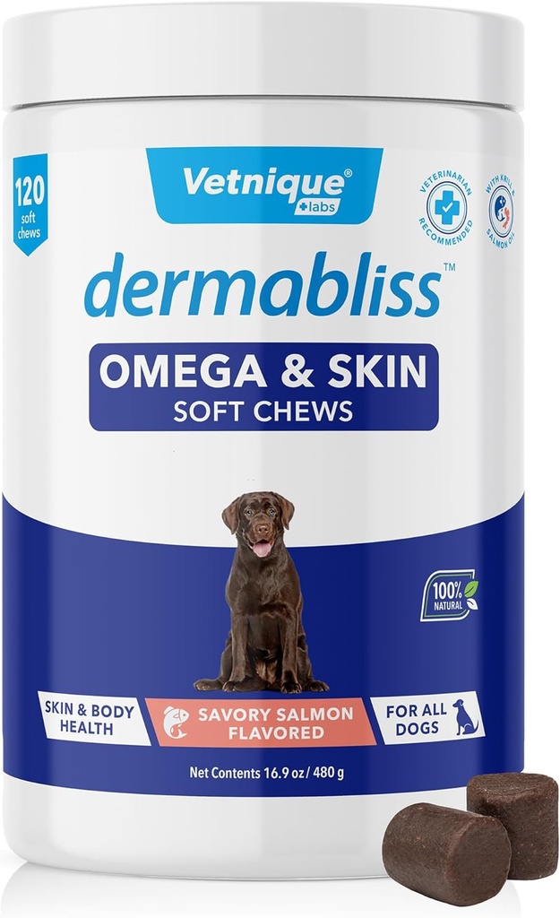 Vetnique Dermabliss Omega " Skin Health Fish Oil for Dogs Soft Chews Healthy Skin " Coat for Dogs with Biotin " - Hickory Salmon Dog Treats (120 Count Chews)