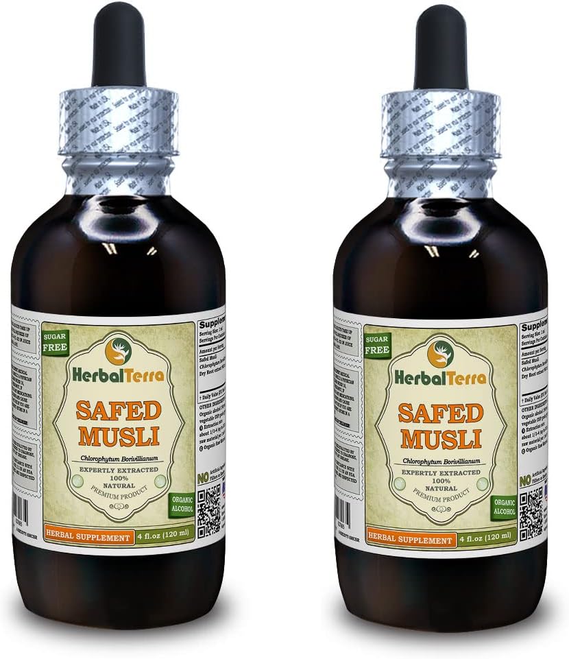 Safed Musli, Bahera (Chlorophytum Borivillianum) Dried Root Liquid Extract (Marca: HerbalTerra, Proudly Made in USA) 2x4 oz