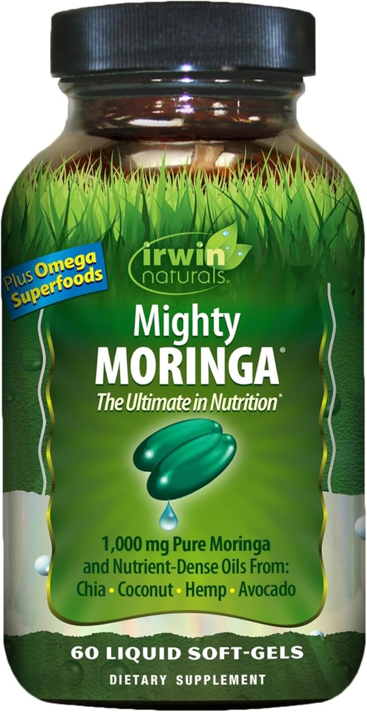 Irwin Naturals Mighty Moringa 1,000 mg - 60 Liquid Softgels - con Chia, Coco, Huevo, Avacado & Omega Superfoods - 30 Total Servings