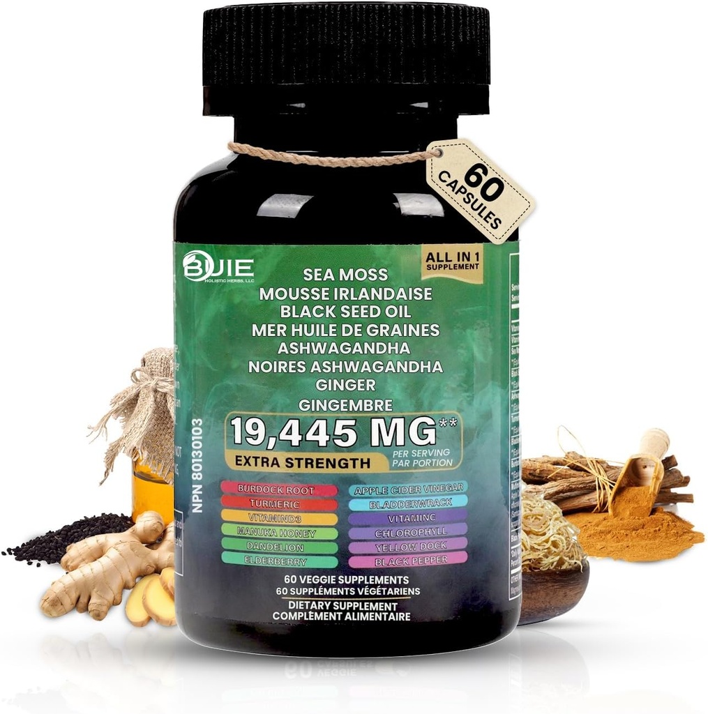 Sea Moss Capsules (Ginger) Silencio 60 Capsules ← Irish Moss con Black Seed Oil, Ashwagandha & Ginger  Seamoss Superfood for Energy, Immunity, Joint " Skin Health ← Vegan, Non-GMO Supplement