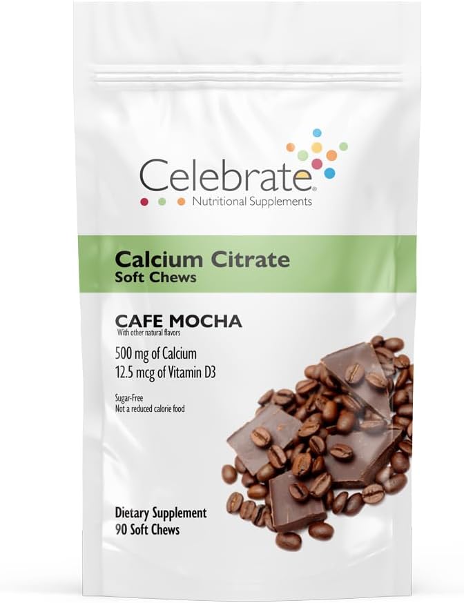Celebrar Vitaminas Bariatric Calcium Citrate Soft Chews con Vitamina D3, 500 mg, Citrato de Calcio Libre de Azúcar para Pacientes Bariatrices, Café Mocha, 90 cuentan