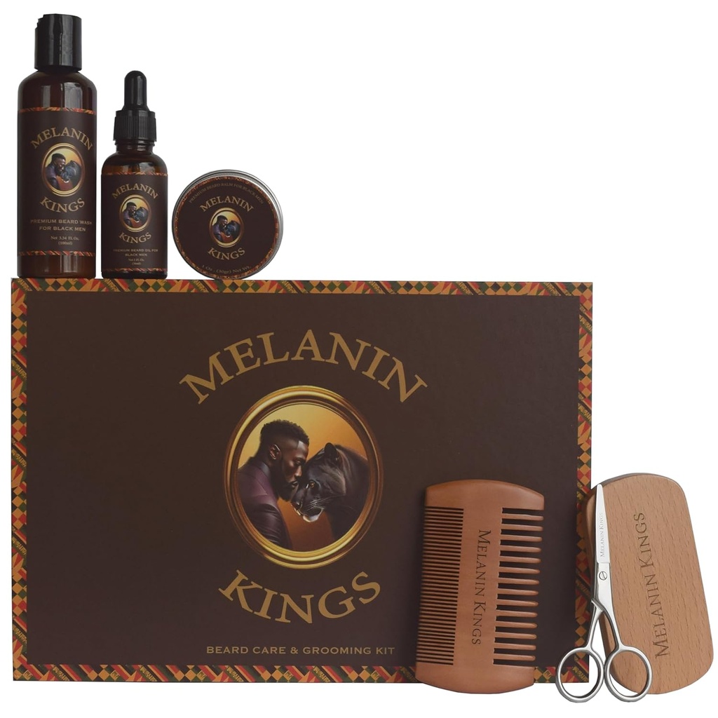 Melanin Kings Beard Grooming Kit para Hombre - Fórmulas con antiguos ingredientes naturales africanos ¦ Beard Wash, Oil, Balm, Brush, Comb, Trimming Scissors