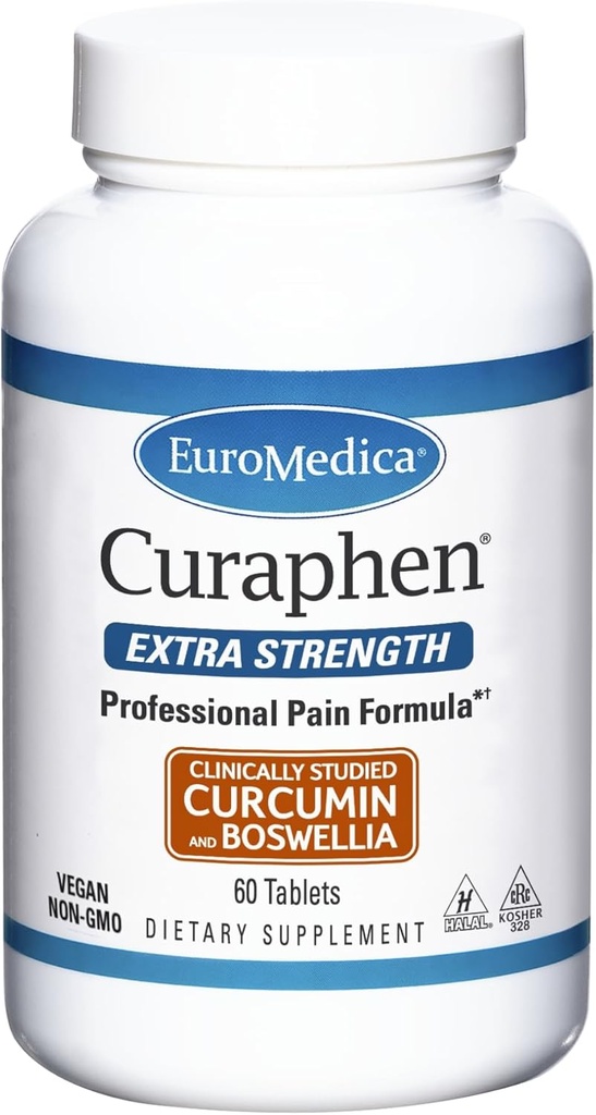 EuroMedica Curaphen Extra Strength - 60 Tablets - Fórmula Profesional - Potent Curcumin " Boswellia with DLPA " Nattokinase - Highly Absorbable - 60 Servings