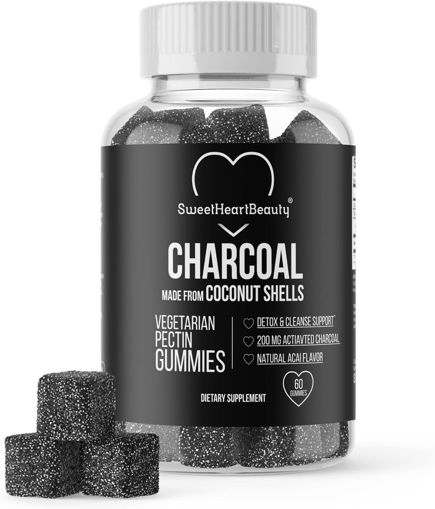 Gamas de carbón activados - Suplementos de manteca de cáscara de coco natural para soporte de desintoxicación, Bloat de estómago y salud oral - Gluten Free, Vegan ' Pectin Based - Acai Flavor, 60 Conde