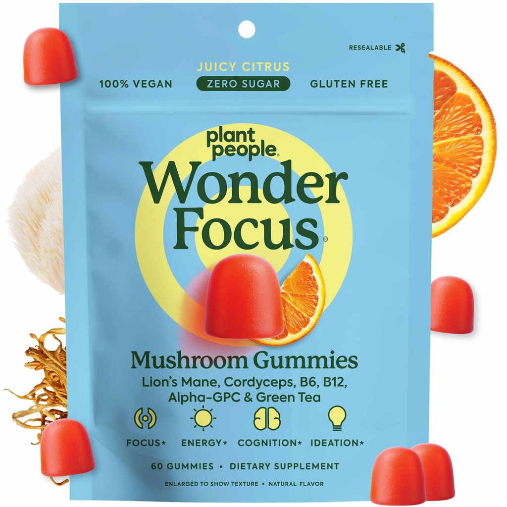 Plant People WonderFocus Mushroom Gummies with Lion's Mane & Cordyceps - Suplemento Nootropic Brain Boosts Memory, Focus, Energy & Mood in Adults ← No Sugar, 100% Vegan, Citrus Flavor, 60 Conde