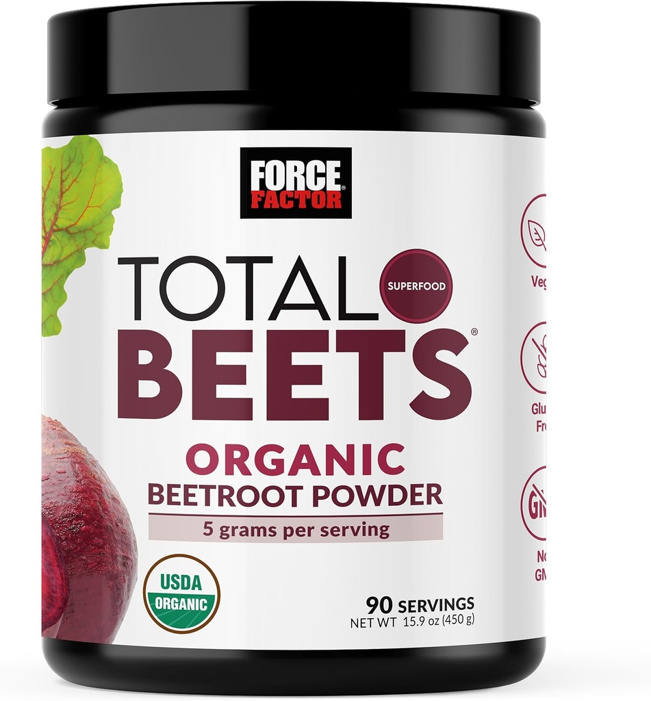Factor de fuerza Total Beets Organic Beetroot Powder Superfood to Boost Daily Nutrition, USDA Organic, Vegan, Gluten-Free, and Non-GMO Beet Supplement, Unflavored, 90 Servings