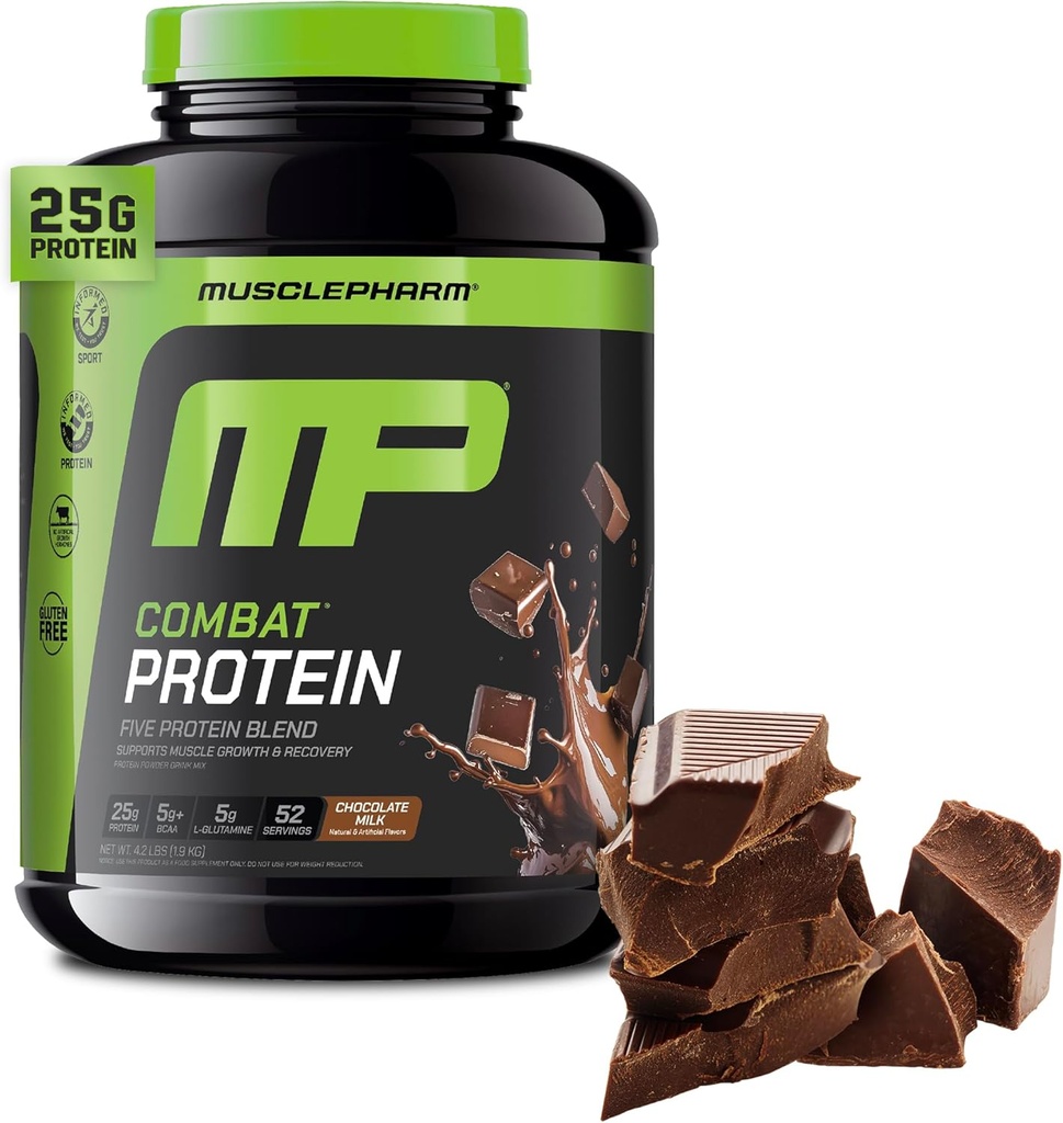 Muscle Pharm Combat Protein Powder, Chocolate Milk Flavor, Fuels Muscles for Productive Workouts, 5 Protein Sources including Whey Protein Isolate &amp; Egg Albumin, Gluten Free, 4 lb, 52 Servings