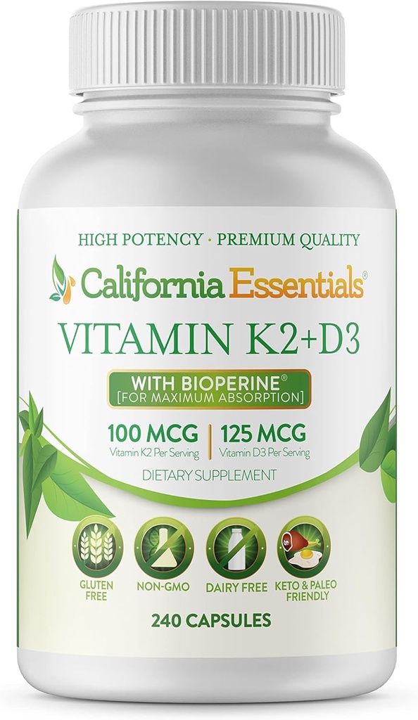California Essentials Vitamina K2 + VIT D3 5000 UI con BioPerine para la absorción máxima - Corazón, Hueso, Suplemento de Apoyo Inmunitario - Non-GMO, Dairy/Soy/Gluten-Free - 240 Veggie Capsules