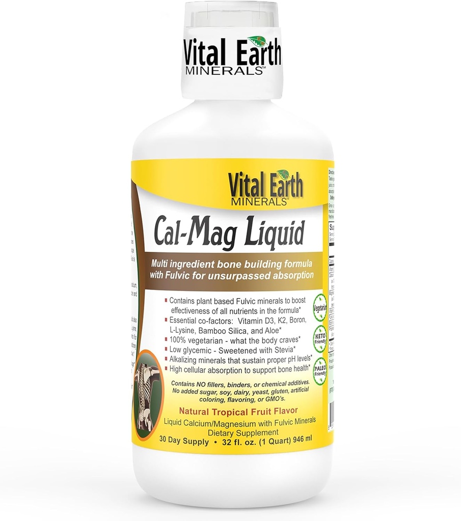 Minerales de la Tierra Vital Cal-Mag Líquido – Suplemento de magnesio de calcio con vitamina D3, K2, Borón y Ácido Fulvico para la Absorción de la Fastra, 32 Oz + 1 Copa Oz