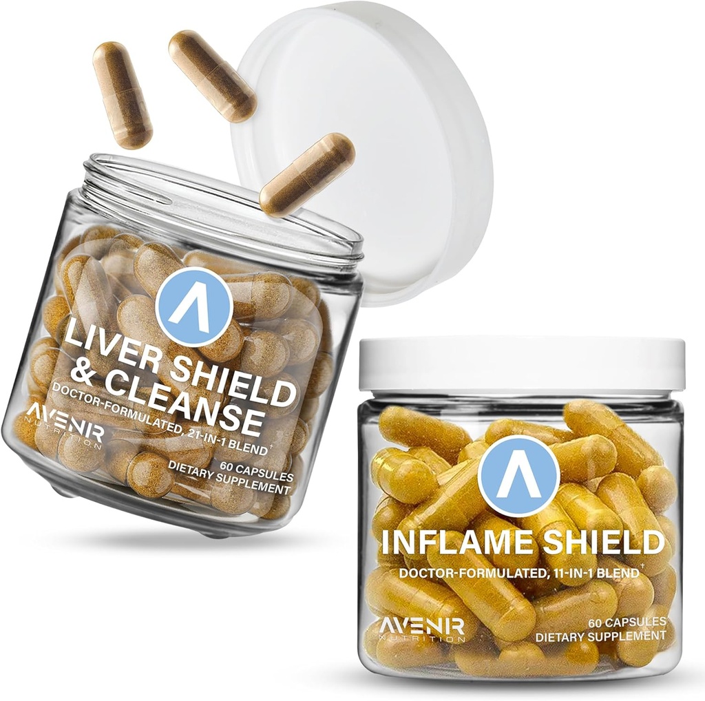 Avenir Nutrition Shield Hard Bundle - Liver Cleanse Detox &amp; Repair and Inflame Shield - Milk Thistle, Turmeric and Ginger Supplements - 60 Capsules Cada uno