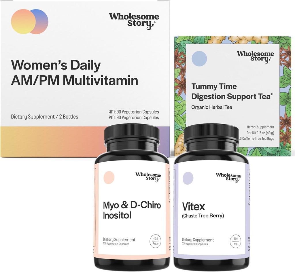 PMS Support Bundle ← Myo-Inositol &amp; D-Chiro Inositol Blend Capsule 30-Day Supply ← Vitex Chasteberry Suplemento para Mujeres 120-Day Supply ← Premium Multivitamin for Women ← Morning Sickness Tea 15ct
