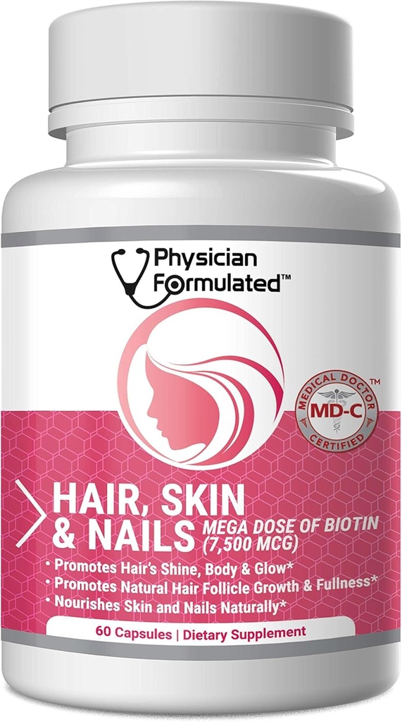 Esquí de pelo saludable y uñas Vitaminas para hombres y mujeres - 7500 mcg Biotina, Aminoácidos, Collagen y ácido hialurónico - 60 cápsulas