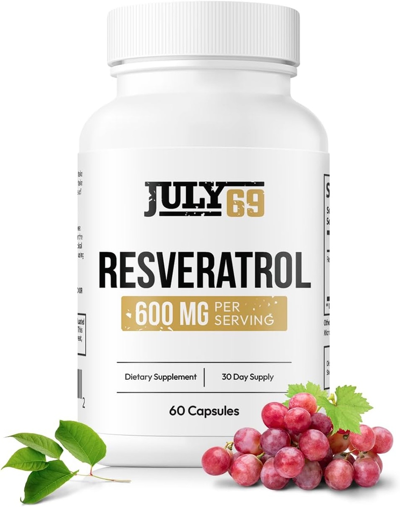 Resveratrol Capsules 600mg por Serving, Potent Antioxidant Dietary Supplement Capsules, 60 cápsulas en 1 botella, Made in USA