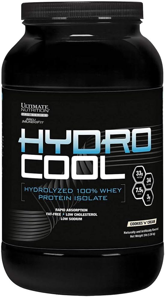 Ultimate Nutrition HydroCool Hidrolyzed Whey Protein Isolate Powder with No Bloating - Fat and Gluten Free, Rapid Absorption, 33 Grams of Protein, Cookies &amp; Cream, 3 libras