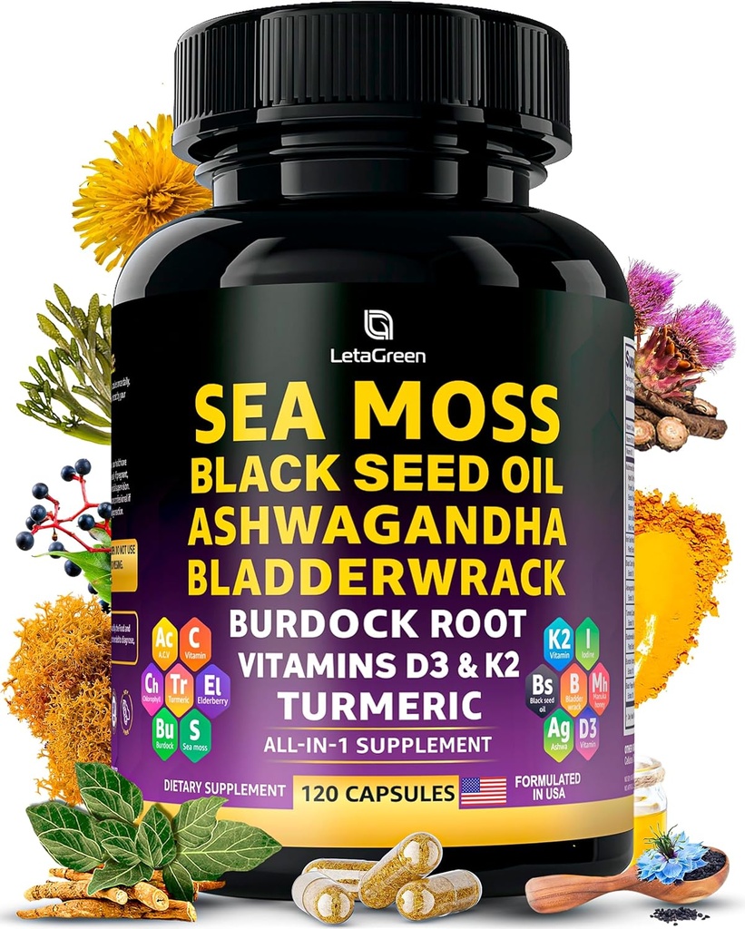 Sea Moss Capsules – 17 en-1 Blend con aceite de semilla negra Ashwagandha Bladderwrack Burdock Root Turmeric Vitamina D3 K2 C para el bienestar diario – Suplemento multimineral para hombres y mujeres – 120 Conde