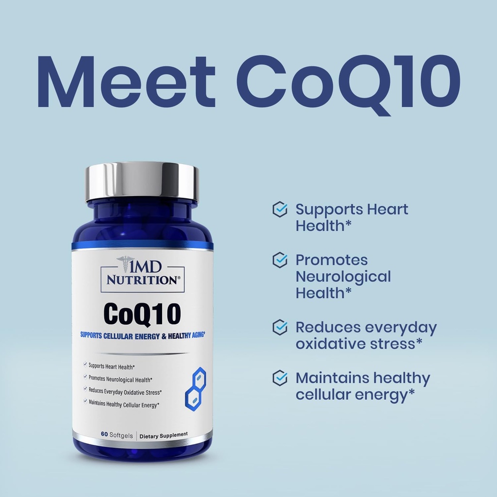 1MD Nutrition CoQ10 - for Heart Health & Cellular Energy Production - Health Supplement for Men &amp; Women - Coenzyme Q10 Softgel - 60 Days (2-Pack)