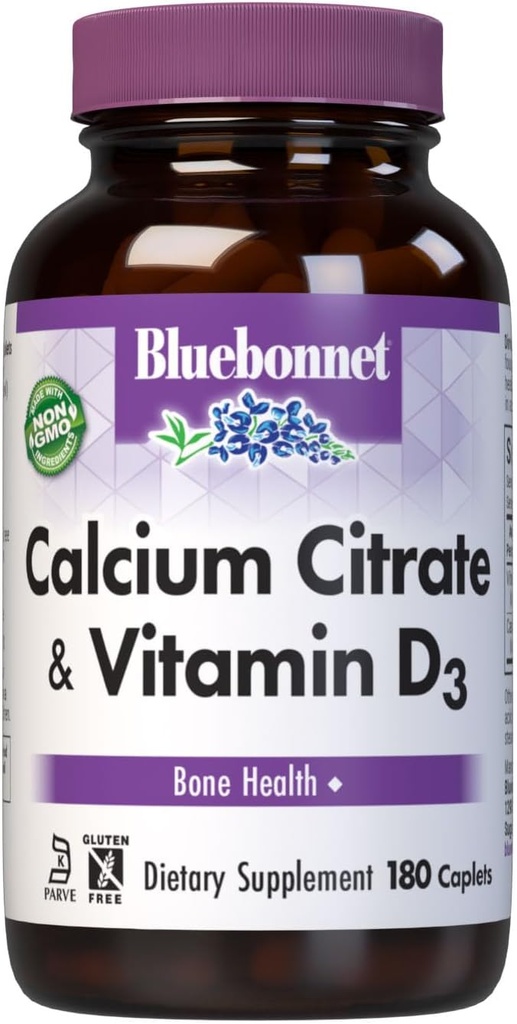 Citrato de calcio de Bluebonnet con vitamina D3 - Salud de los huesos diarios &amp; Strength Plus Immune Support* 1000mg Suplemento de calcio para hombres de mujer - no Gluten-Free - 180 caplets