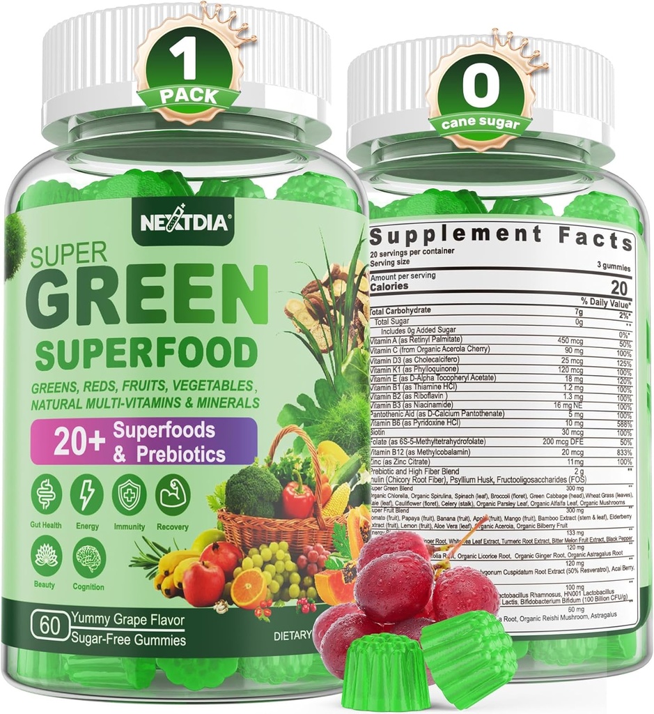 Super Greens Gummies, Verdes Superfood Powder Alternativa w/Spirulina, Clorella, Fibra Prebiótica, Probiótico, Fruta Veggie, Verdes Digestivos " Salud Gut, Inmunity, Focus, 60 Cts