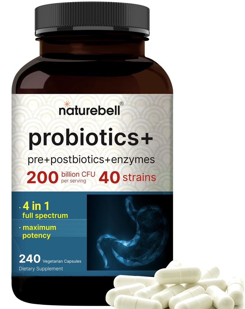 NatureBell Probiotic 200 Billion CFU – 40 Strains Per Serving | 240 Veggie Capsules with Prebiotics and Probiotics – Full Spectrum Complex with Enzymes – Daily Probiotics for Women & Men