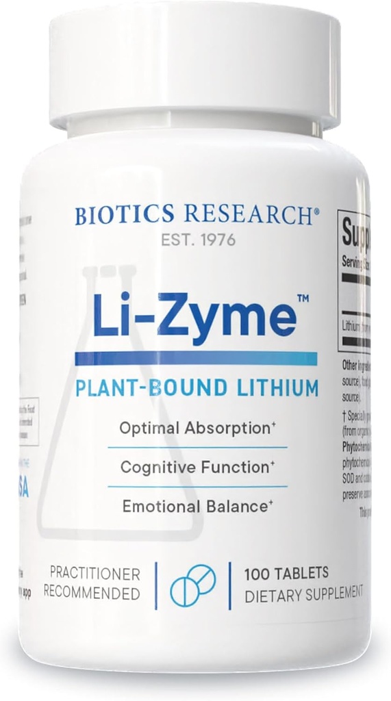 Biotics Research Li Zyme 50 microgramos, Lithium como una alimentación completa, litio fitoquímico, altamente biodisponible, soporta función cerebral, memoria y soporte de humor, 100 Tablets