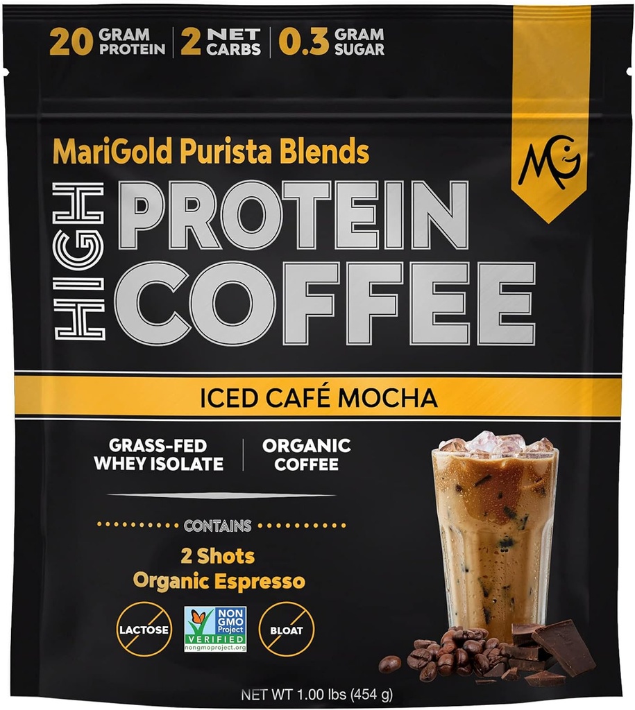 MariGold High Protein Coffee - Iced Café Mocha, 20g Grass Fed Whey Protein Isolate, Energy &amp; Workout Boost, 2 Shots Organic Espresso, Non-GMO, 2 Net Carb, 1 Lb Bag, 15 Servings