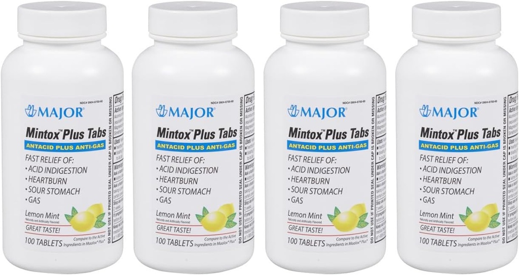 MAJOR Mintox Plus Tabs - Antacid Plus Anti-Gas Tablets - Ayuda a aliviar rápidamente la indigestión de ácido, acidez, estómago y gas - Lemon Mint Flavored - 100 Conde (4 Pack)