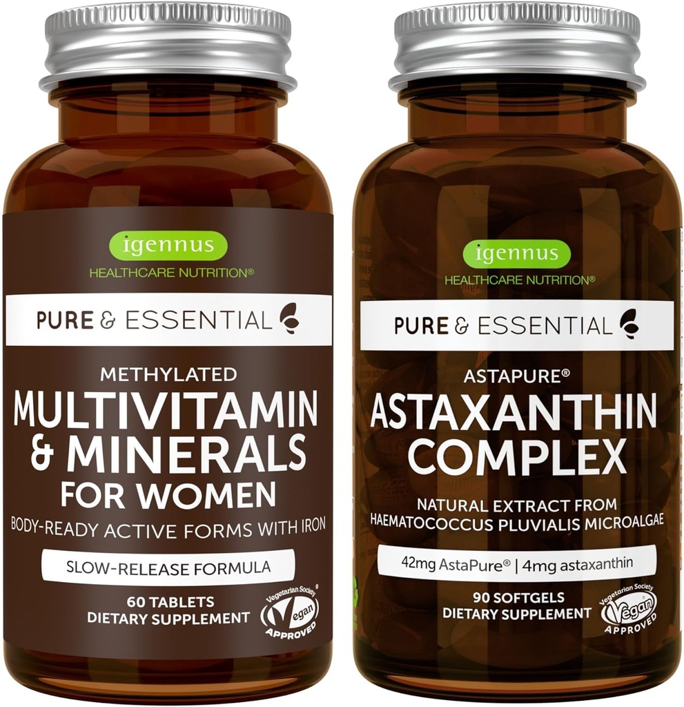 Multivitamínico &amp; Minerales para Mujeres + Astaxanthin Complex Vegan Bundle, Sustained Release Advanced Multivitamin with Iron + Natural 4 mg H. Pluvialis Astaxanthin, by Igennus
