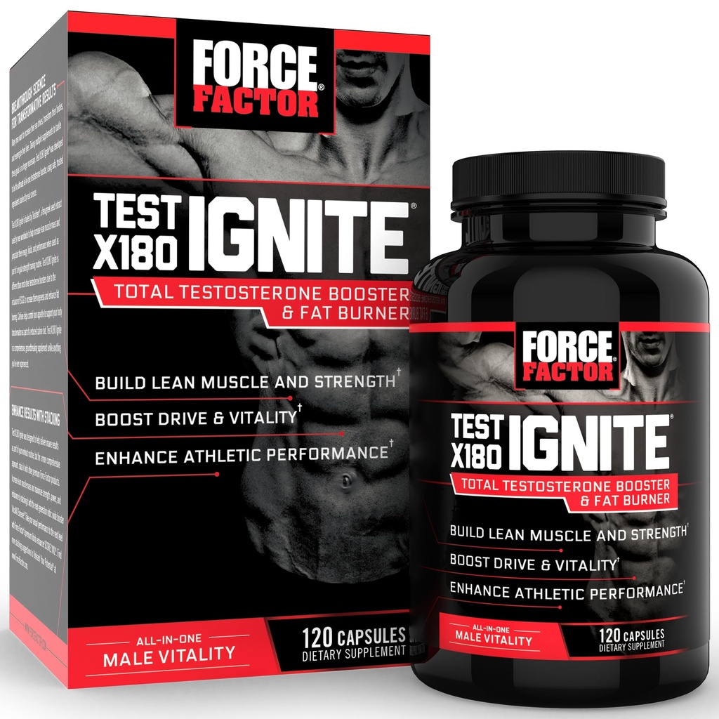 Prueba del factor de fuerza X180 Ignite Booster total de testosterona para Hombres con semillas fenugreek y té verde Extracto para construir músculo magro, energía de boosto, y mejorar el rendimiento, 120 cuenta