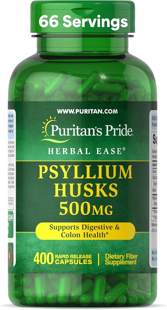Pride de Puritan Herbal Ease® Psyllium Husks 500mg, Suplemento dietético para el apoyo médico digestivo, frío y cardíaco, cápsulas de fibra diarias, fuente de 2 meses, 400 cápsulas de liberación rápida