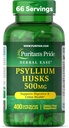 Pride de Puritan Herbal Ease® Psyllium Husks 500mg, Suplemento dietético para el apoyo médico digestivo, frío y cardíaco, cápsulas de fibra diarias, fuente de 2 meses, 400 cápsulas de liberación rápida