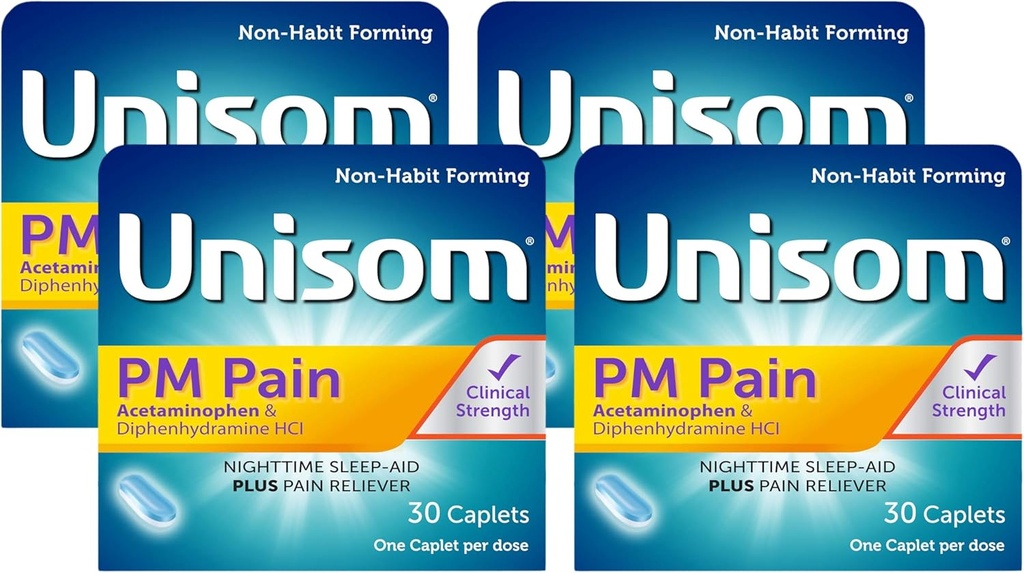 Unisom PM Pain Nighttime Sleep-aid + Pain Reliever, Acetaminophen & Diphenhydramine HCI, 30 Caplets, 50mg (Pack of 4)