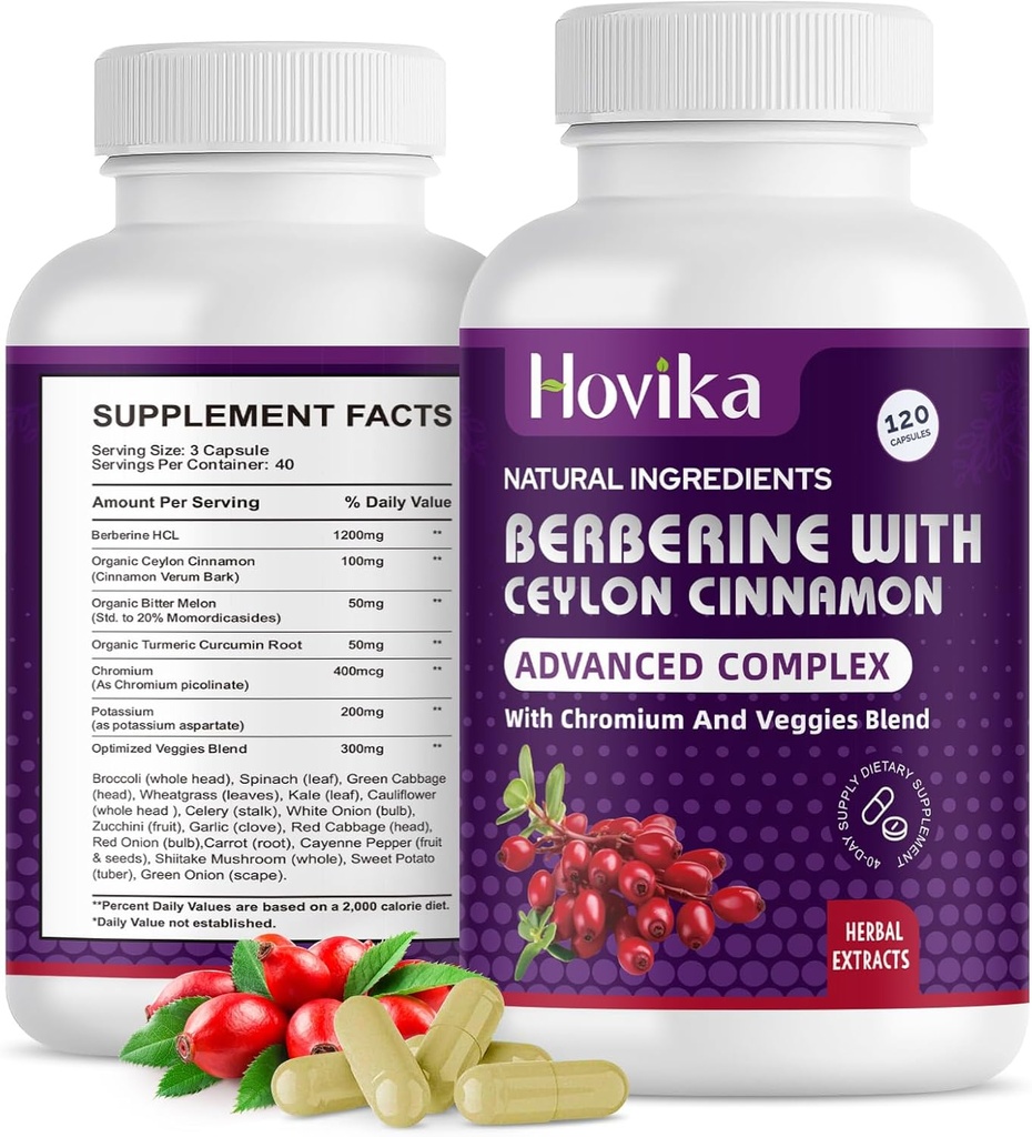 Beberina HCL capsules 1200 mg - Suplemento bereberina con canela de Ceylán, cromo, verduras rubias - apoya el metabolismo y el sistema inmunológico, Gut Health - 120 ct Easy to Swallow