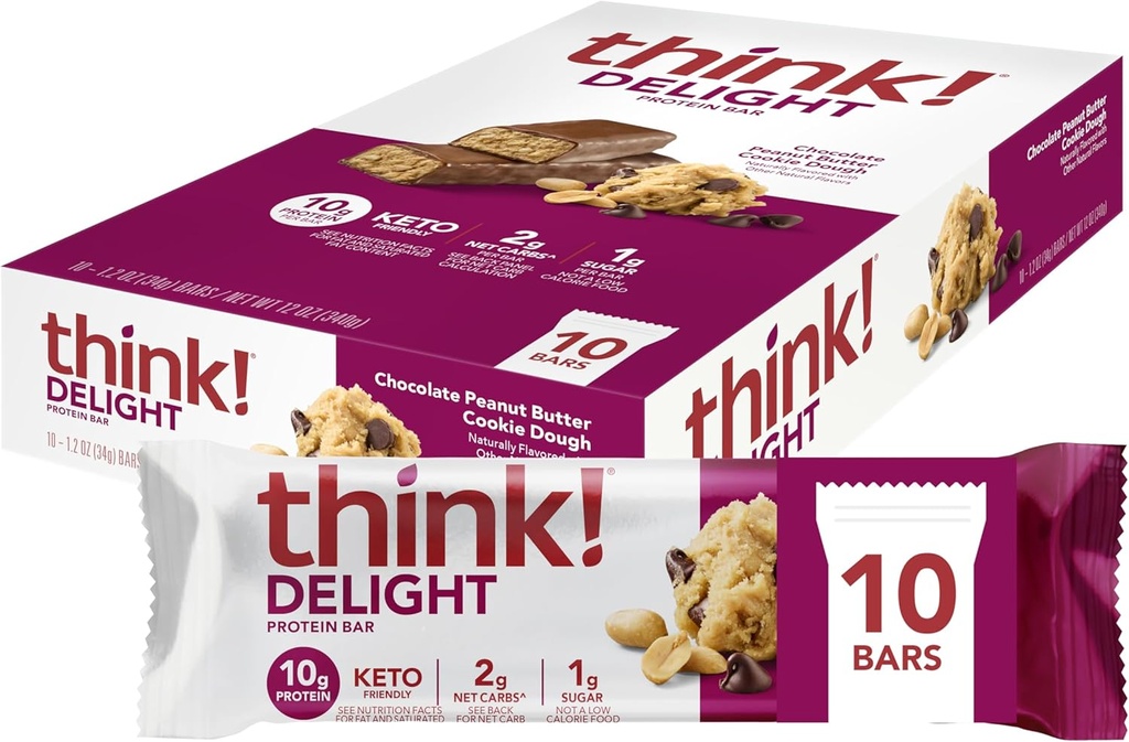 ¡Piensa! Delight, Keto Protein Bares, Healthy Low Carb, Gluten Free Snack - Chocolate Peanut Butter Cookie Dough, 10 Cuenta (Packaging May Vary)