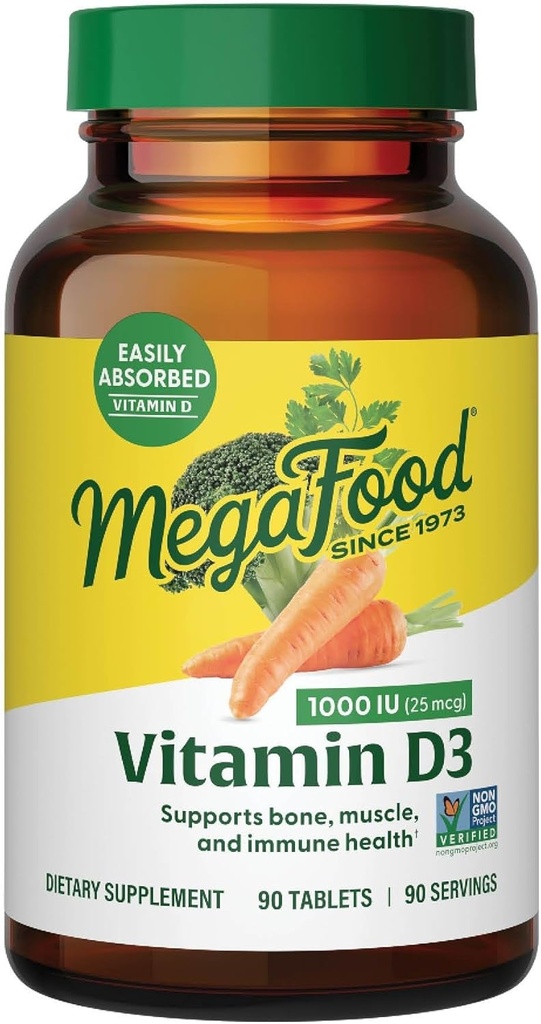 MegaFood Vitamin D3 1000 IU (25 mcg) - Vitamin D Supplements with Real Food, Immune Support, Supports Bones, Teeth & Muscles, Vegetarian, Gluten-Free, Non-GMO, Kosher – 90 Tablets, 90 Servings