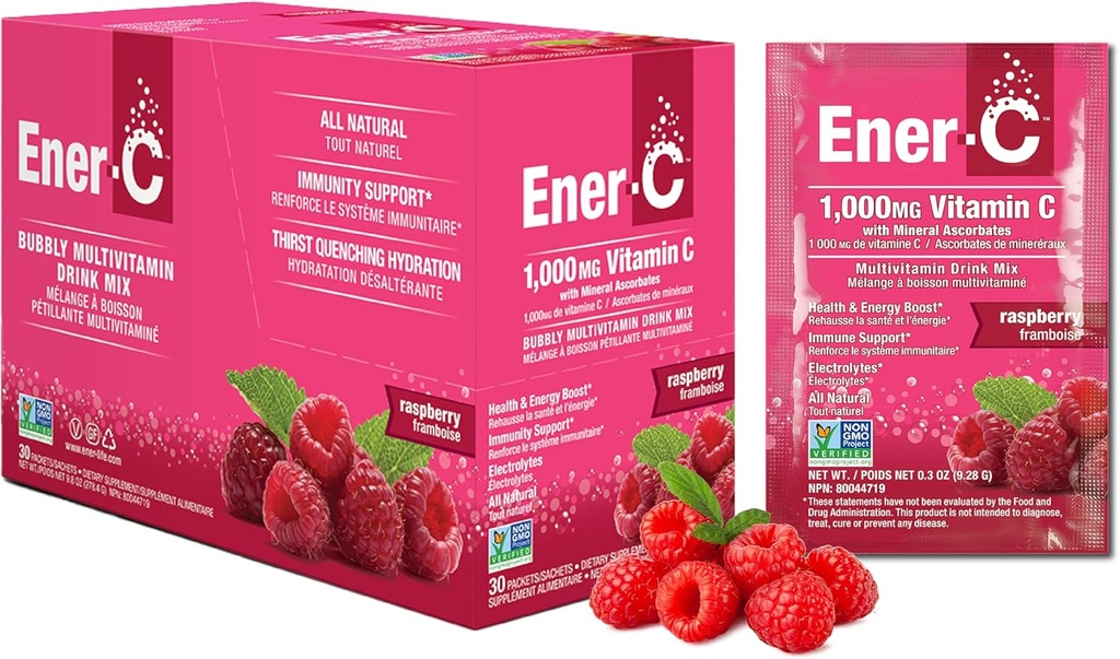 Ener-C Raspberry Multivitamin Drink Mix Powder Vitamin C 1000mg &amp; Electrolytes with Real Fruit Juice Natural Energy &amp; Immune Support for Women &amp; Men - Non-GMO Vegan & Gluten Free - 30 Count