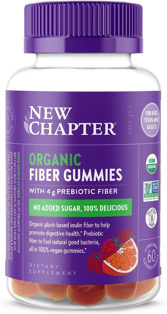 Nuevo Capítulo Gummies de fibra orgánica para adultos " niños " , Fibra prebiótica de base vegetal para la salud digestiva, vegano, no transgénico, USDA Organic, Gluten Free, Citrus-Berry Flavored, 60 ct
