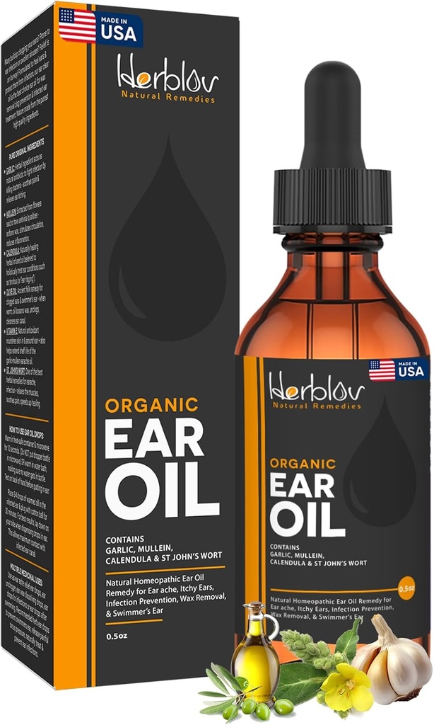 Aceite de oído orgánico para las infecciones del oído - Natural Eardrops for Infection Prevention, Swimmer's Ear &amp; Wax Removal - Niños, Adultos, Baby, Dog Earache Remedy - con Mullein, Ajo, Calendula, Made in USA