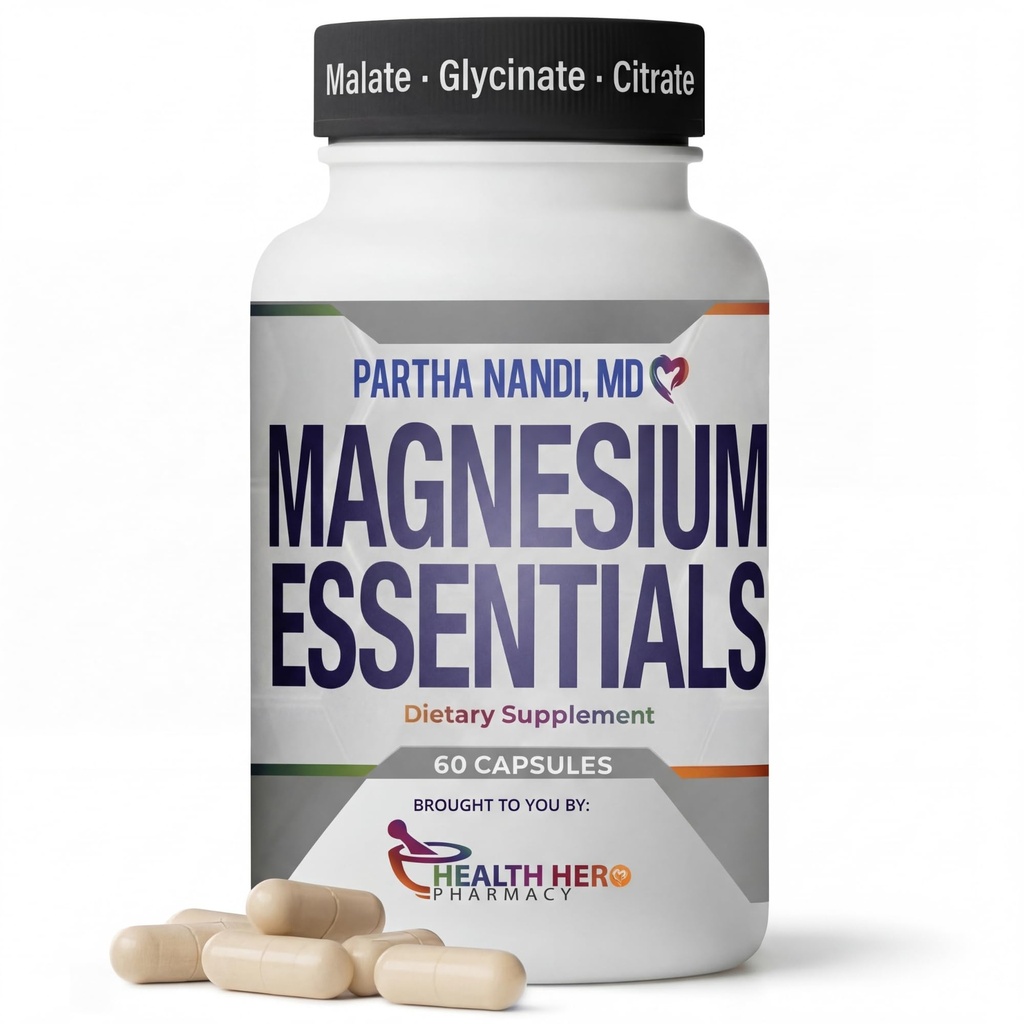 Suplemento Complejo de Magnesio Triple del Dr. Nandi – Citrato de Magnesio, Malate &amp; Glycinate – Apoya el sueño, estrés, músculo, nerviosismo y salud del corazón – Fórmula de alta absorción – 235MG – 60 cápsulas