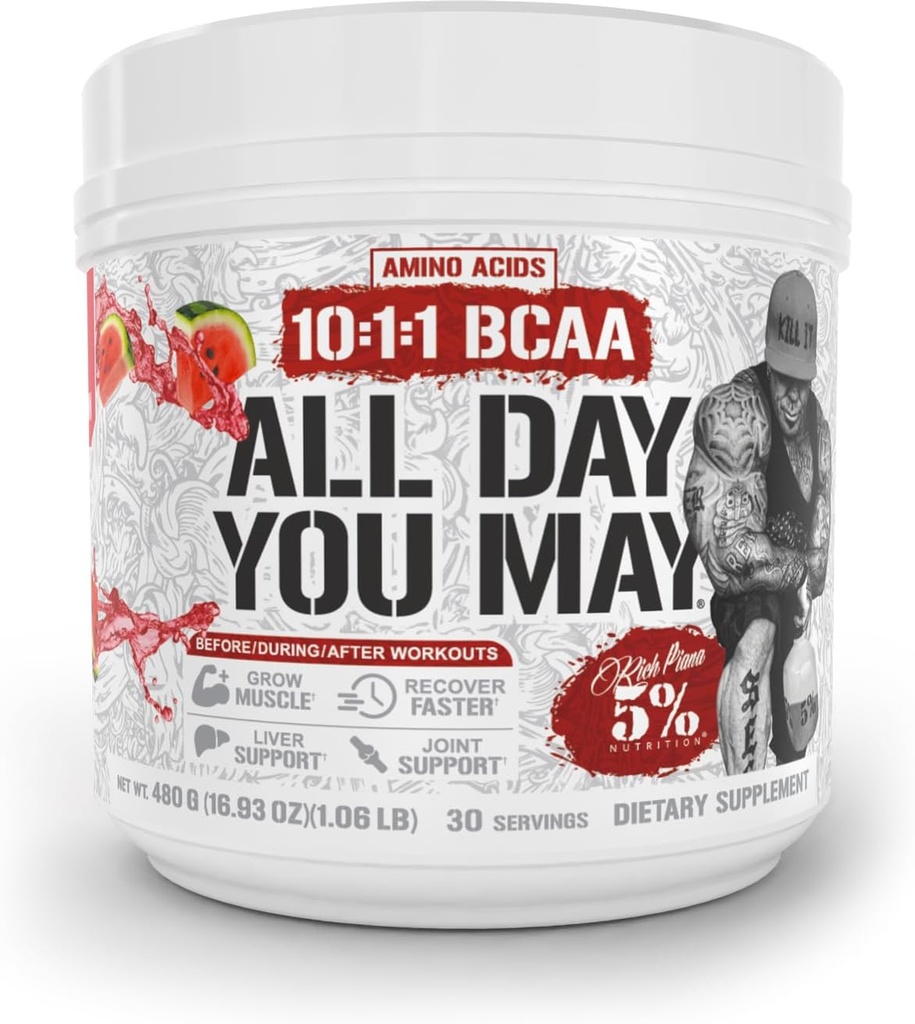 5% Nutrición Rich Piana AllDayYouMay BCAA Powder ← Premium Intra " Post Workout Amino Acids, EAA, Electrolytes ANTE Hydration, Endurance, Recovery TEN Vegan " Keto TEN 16.9 oz, 30 Srvgs (Watermelon)