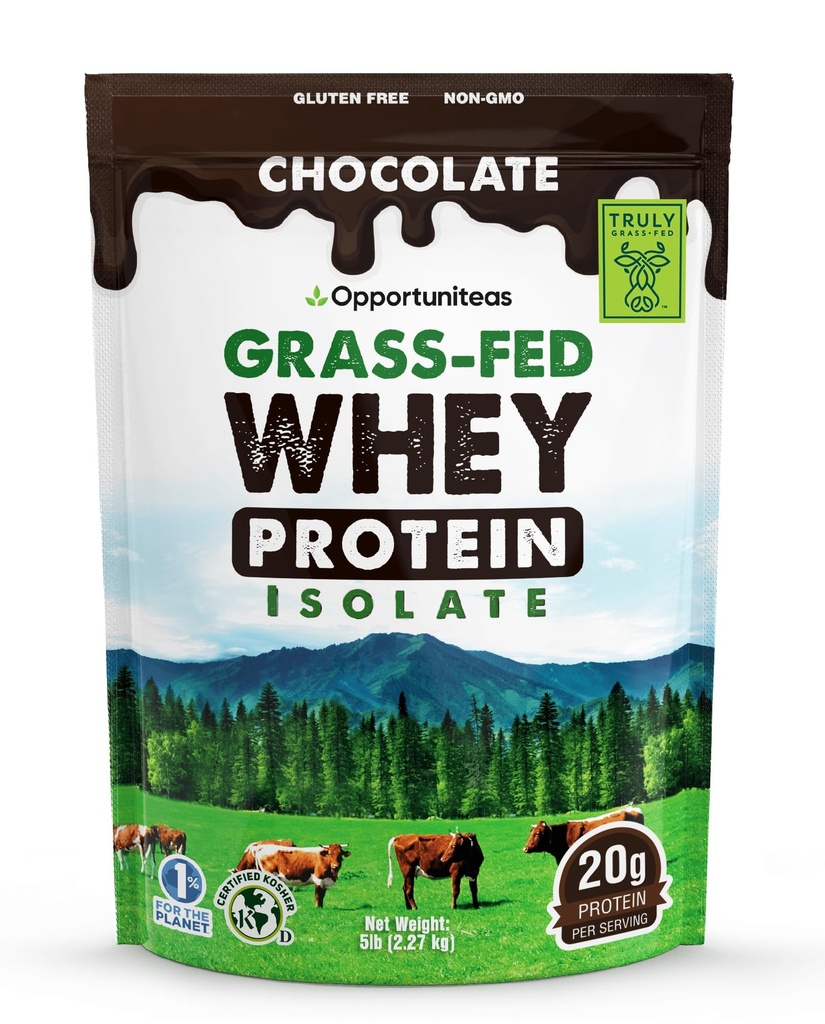 Opportuniteas Grass Fed Chocolate Whey Isolate Protein Powder – 20 g Protein, Heavy-Metal Tested, Made with Organic Cacao & Organic Cane Sugar, Non-GMO, Hormone-Free, Sourced from Ireland, 5 lb