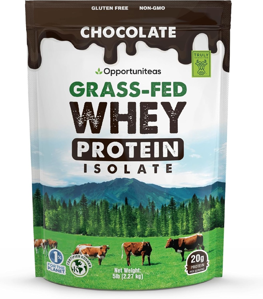 Opportuniteas Grass Fed Chocolate Whey Protein Isolate Powder - 20g Protein Powder Sin Sweeteners artificiales, Vacas sin hormonas, No GMO - 5lb