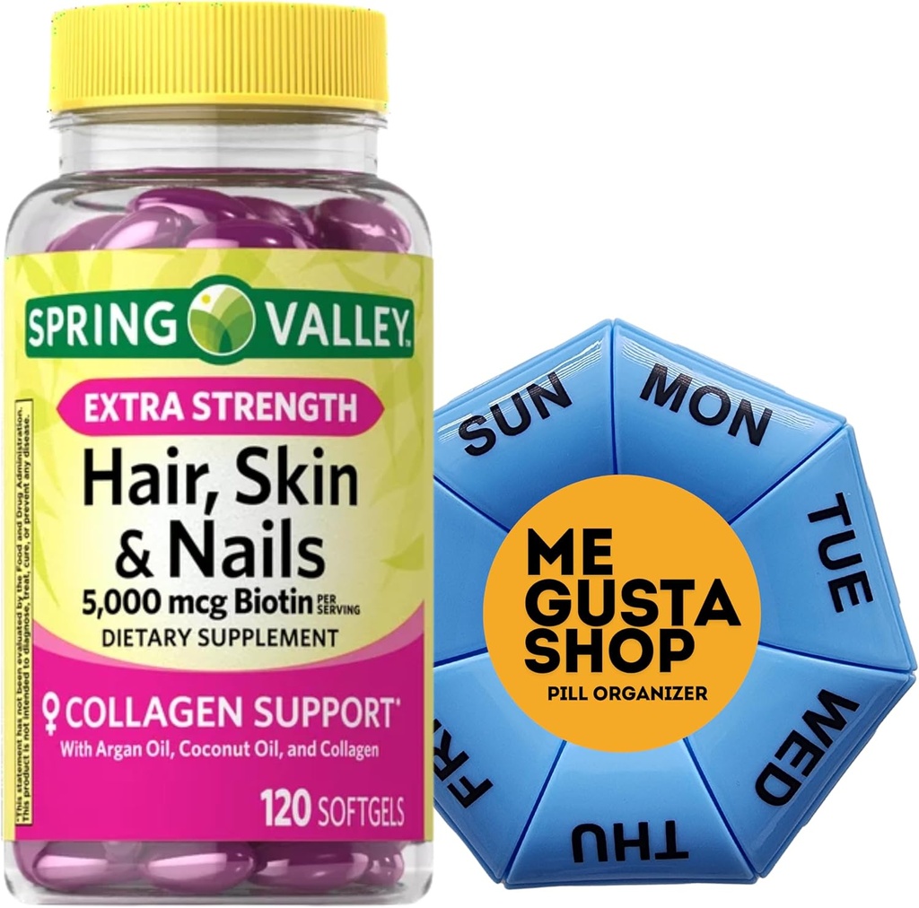 Extra Strength Hair, Skin & Nails Dietary Spring Valley Suplemento, Biotin, Collagen, Gelatin 120 ct Incluye organizador de píldoras