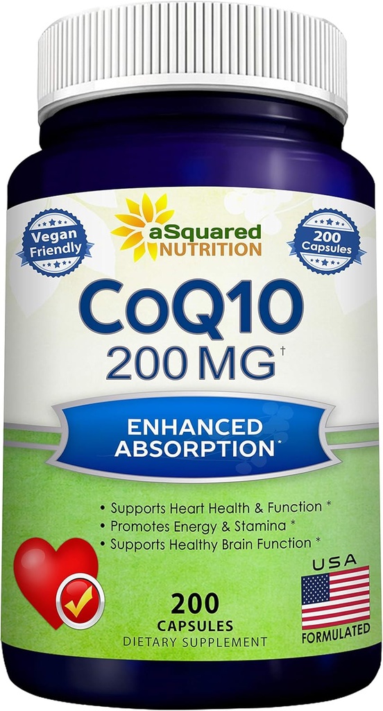 aSquared Nutrition CoQ10 (200 cápsulas y 200 mg) - High Absorption Vegan CO Q-10 Powder - Enzyme Ubiquinone Supplement Pills, Extra Antioxidante Coenzyme Q10 Vitamina, Coq 10 Alernative to Softgels