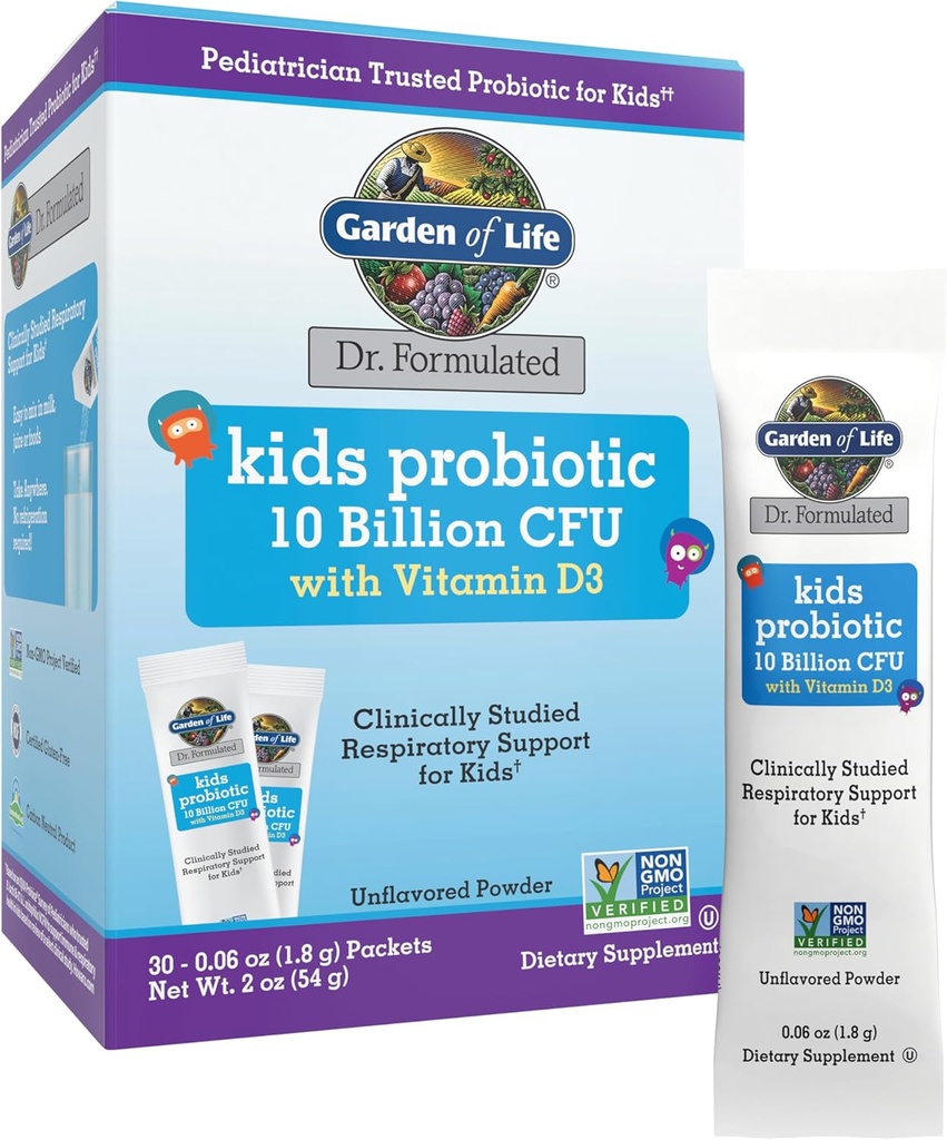 Jardín de la vida Dr. Fórmula 10 Billones CFU Probiótico Stick Pack con D3 - Soportes Huesos, dientes &amp; función inmunitaria, polvo desfavorable, 30ct Carton