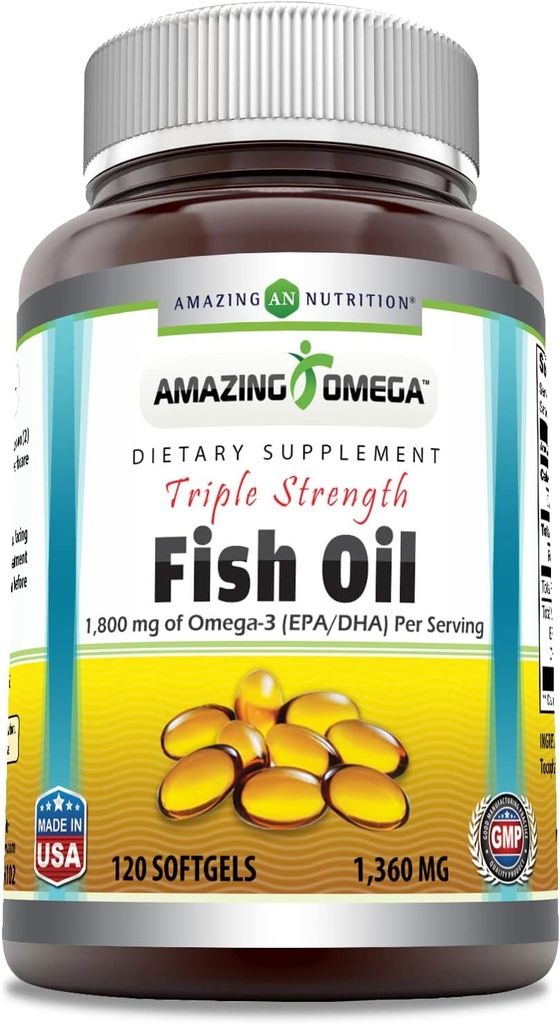 Amazing Omega Triple Strength Fish Oil (Omega-3, EPA/DHA) Suplemento Silencio 1360 Mg Por Serving ← 120 Softgels ← Non-GMO TEN Gluten-Free TEN Made in USA