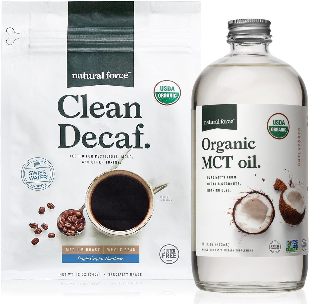 Natural Force Organic Clean Decaf Coffee + Organic MCT Oil Bundle – 100% Pure Coconut MCTs & Mold & Mycotoxin Free Coffee – Non-GMO, Keto, Paleo y Vegan - 12 Oz y 16 Oz