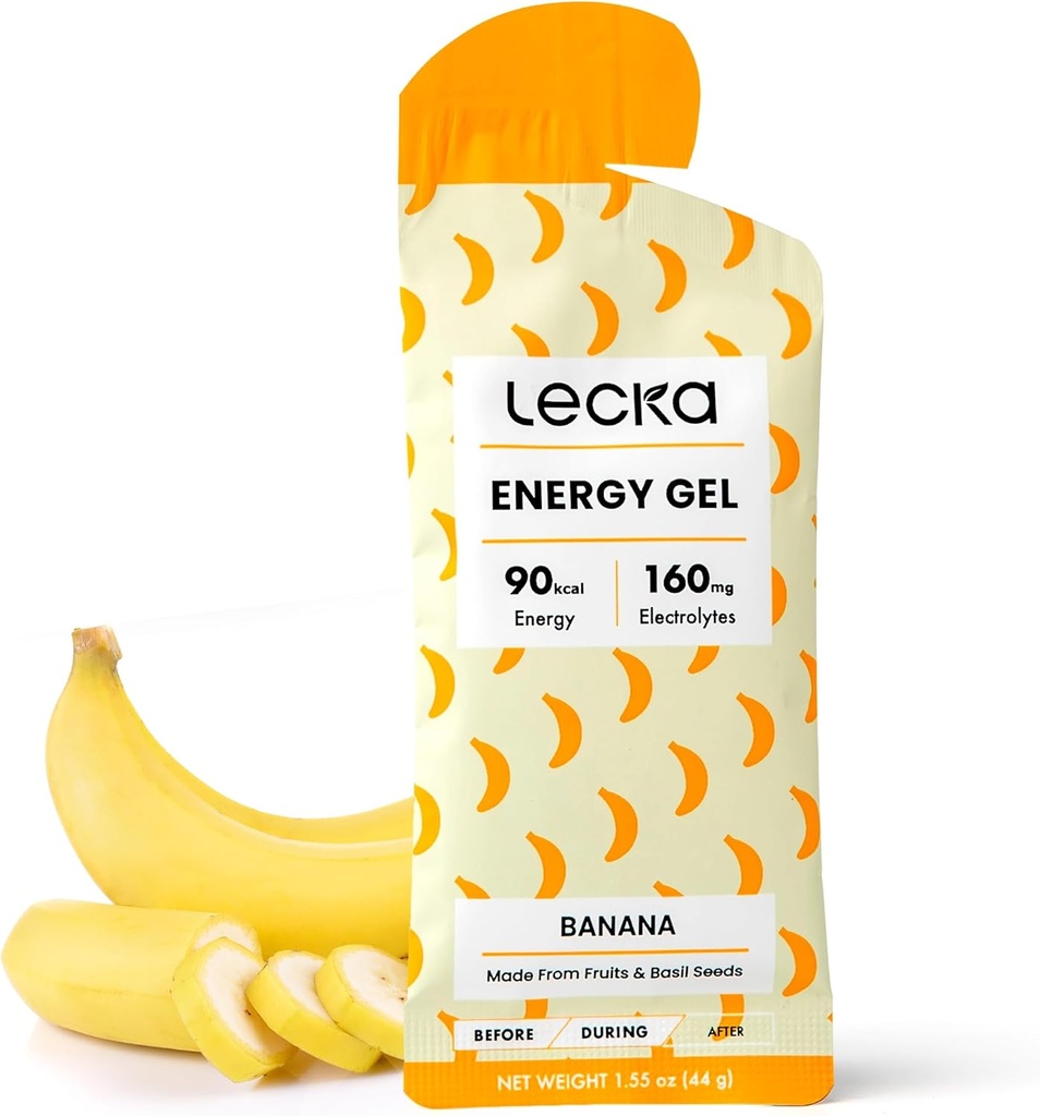 Lecka Energy Gel, 12 Gels | for Endurance Exercise, Made with Real Fruits and Basil Seeds, Provides Natural Energy and Electrolytes (12 Gels, Banana)